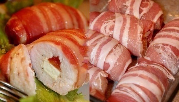 Рулетики из куриного филе в беконе